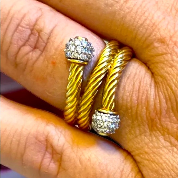 Authentic Vintage David Yurman 18k Yellow Gold Cable Diamond Ball Bypass Ring 6 - Picture 12 of 16